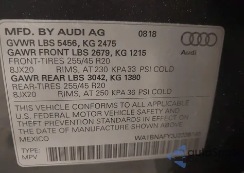 2018 Audi Q5 2.0T Premium/2.0T Tech Premium из США, поврежденный, VIN WA1BNAFY3J2238745